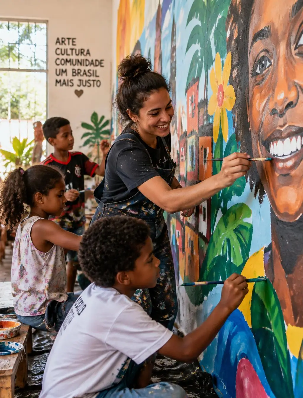 Educadora e crianças pintam um mural juntas