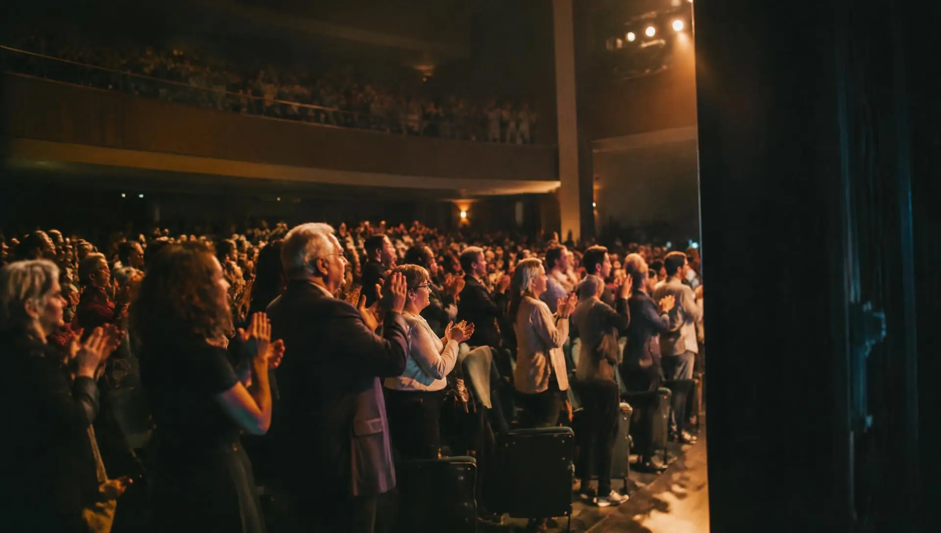 Plateia aplaude em pé em um teatro